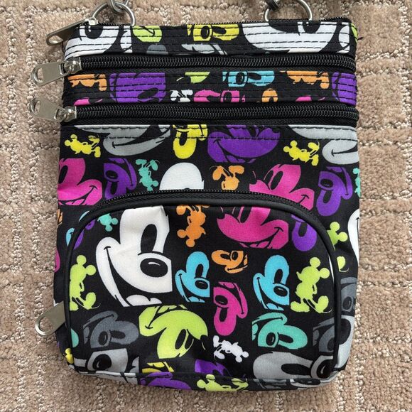 Disney Parks Mickey Mouse Crossbody Bag Purse Black Colorful Pockets Card Holder - Picture 3 of 9
